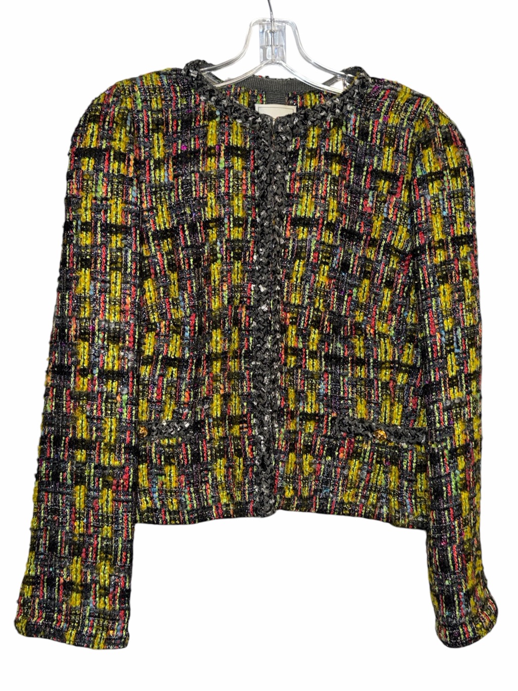 Cropped Multicolor Tweed Jacket - Black, Yellow & Pink